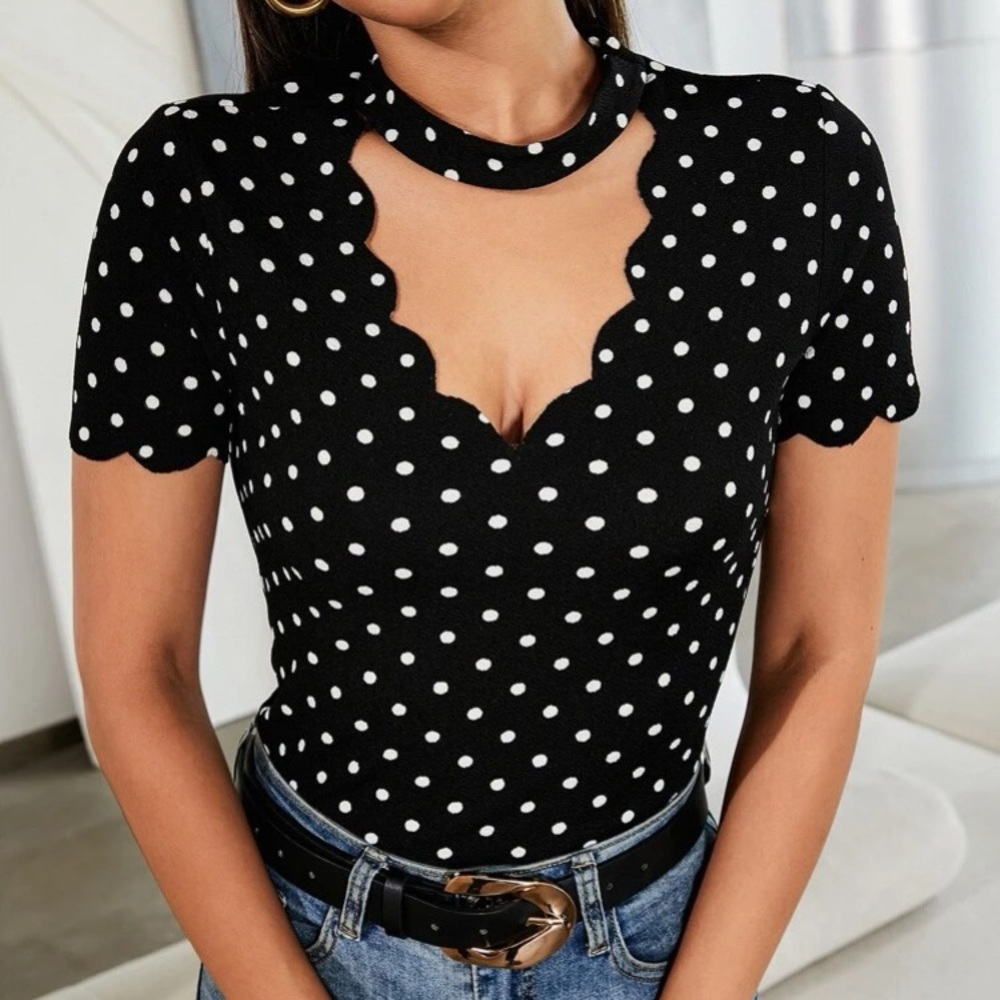 Polka dots cutout scallop neck blouse